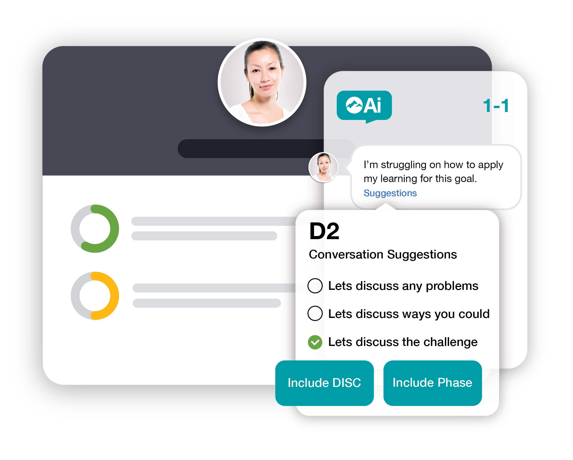 AI-driven conversation prompts help managers ask better questions, tailor feedback using DISC insights, and turn check-ins into meaningful coaching moments.